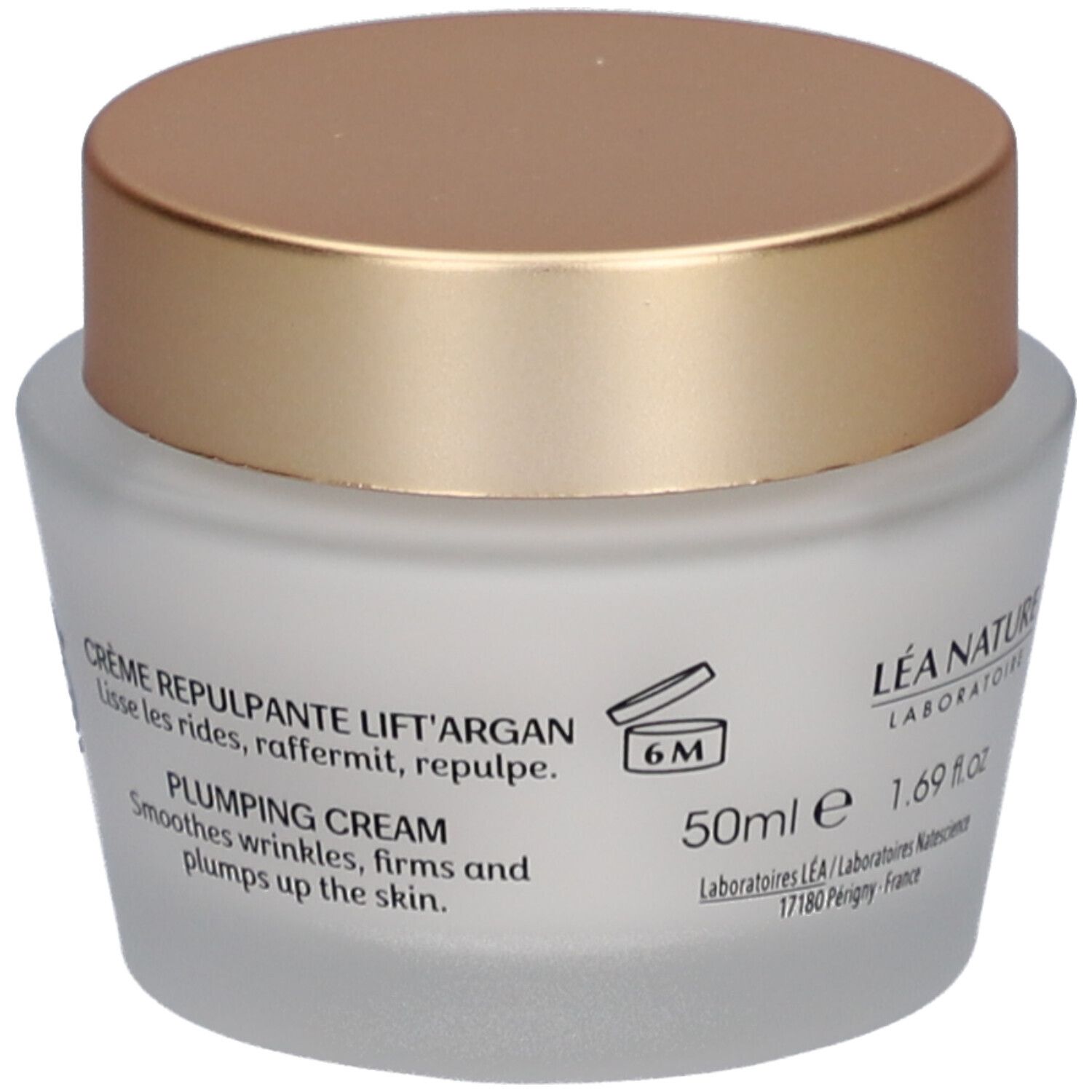 Crèmepot met gouden deksel. Opschrift: Natessance, Crème Repulpante, Lift'Argan.