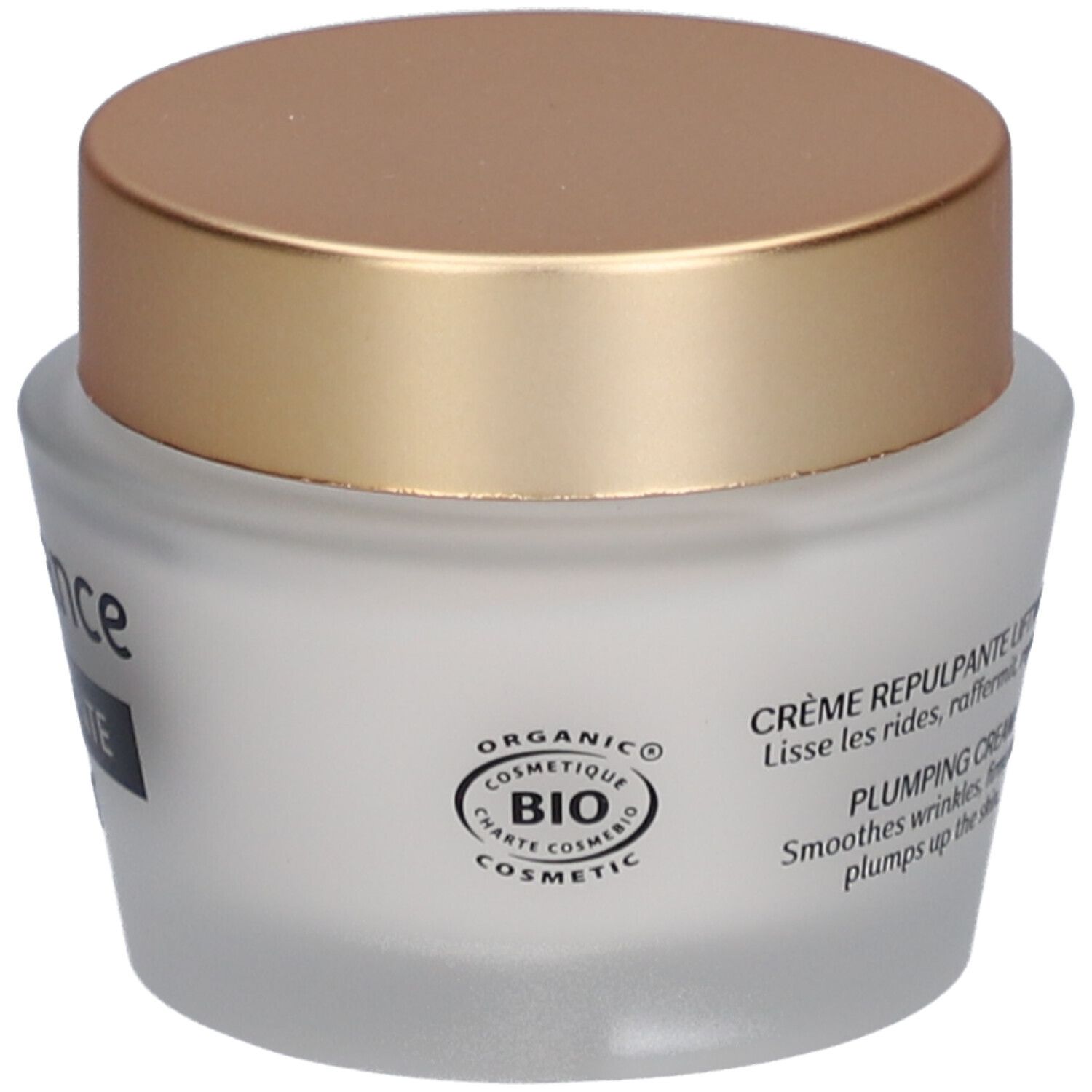 Crèmepot met gouden deksel. Opschrift: Natessance, Crème Repulpante, Lift'Argan.