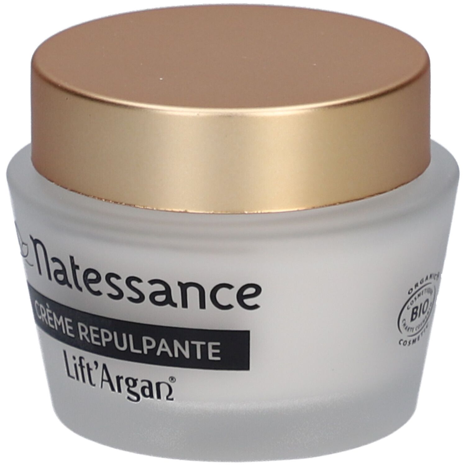 Crèmepot met gouden deksel. Opschrift: Natessance, Crème Repulpante, Lift'Argan. Bio.