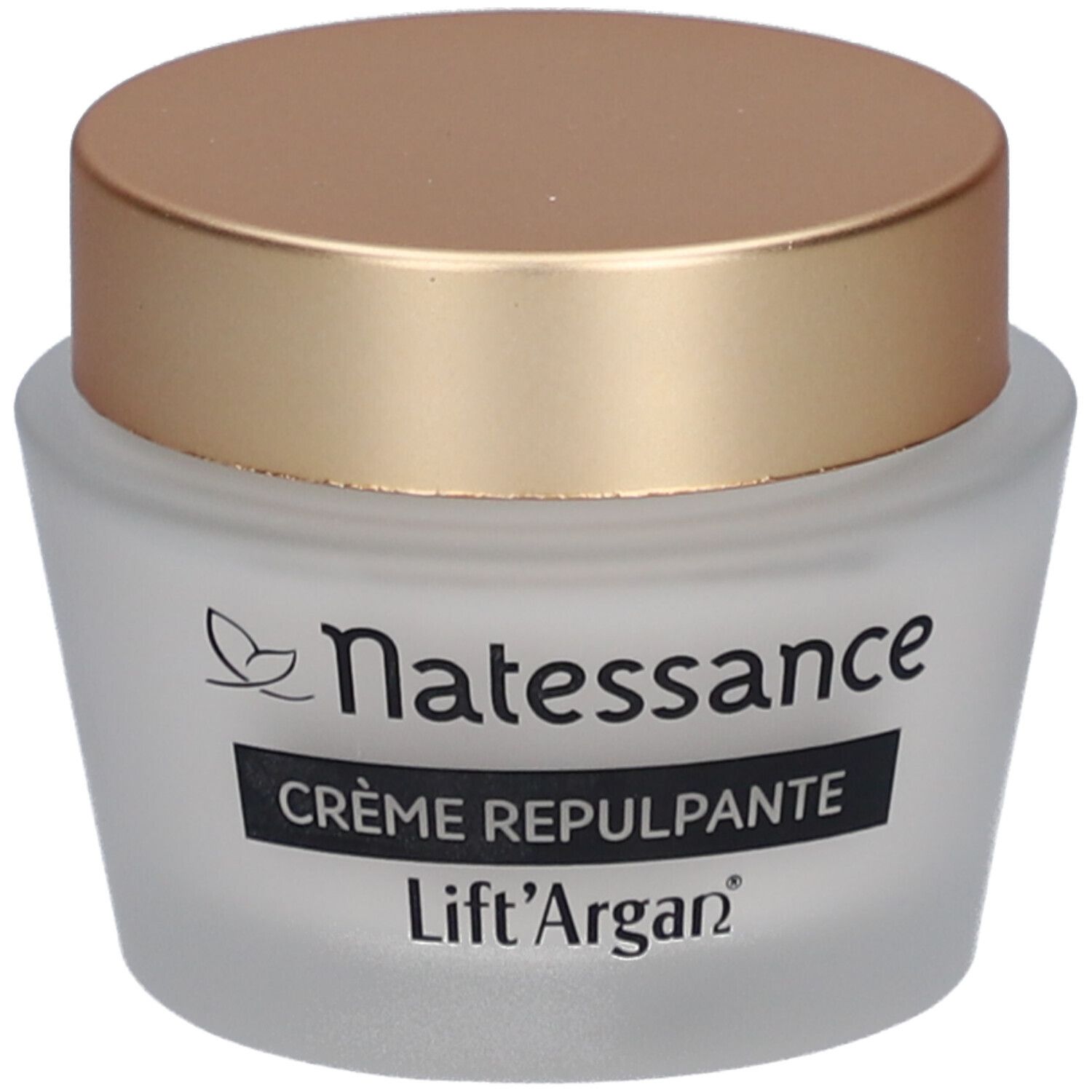 Crèmepot met gouden deksel. Opschrift: Natessance, Crème Repulpante, Lift'Argan.