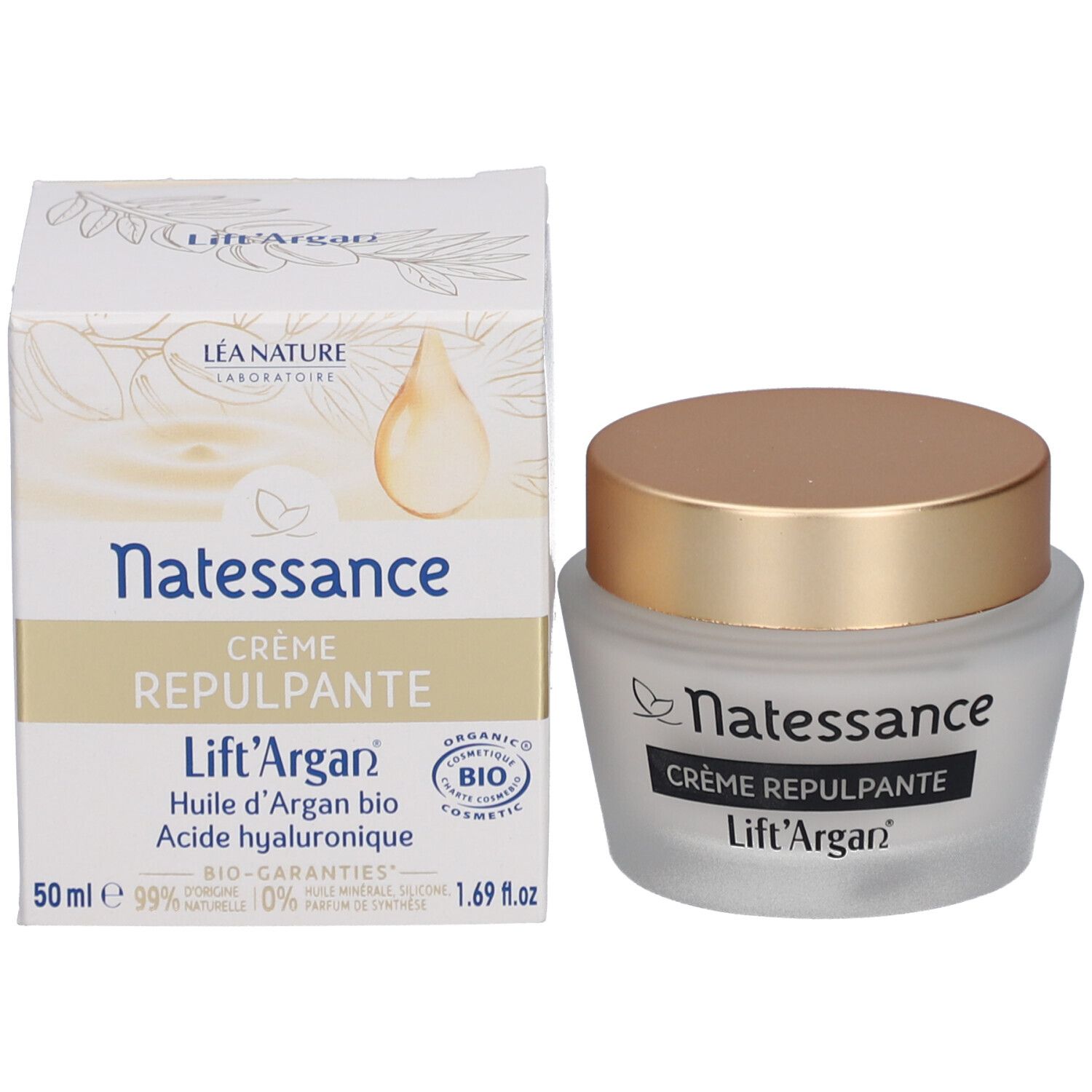 Crèmepot en verpakking. Opschrift: Natessance, Crème Repulpante, Lift'Argan. Bio.