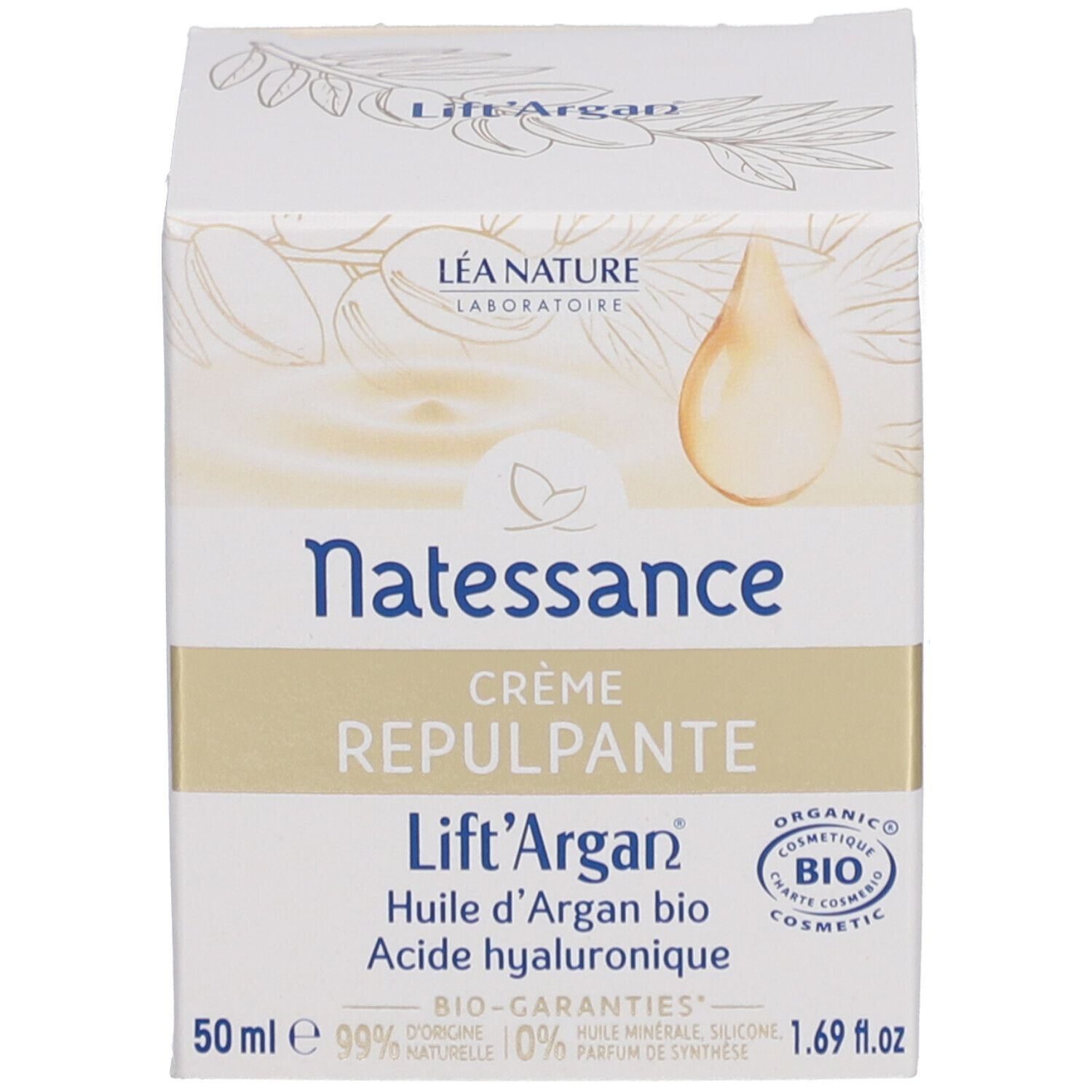 Verpakking met crème. Opschrift: Natessance, Crème Repulpante, Lift'Argan. Bio.
