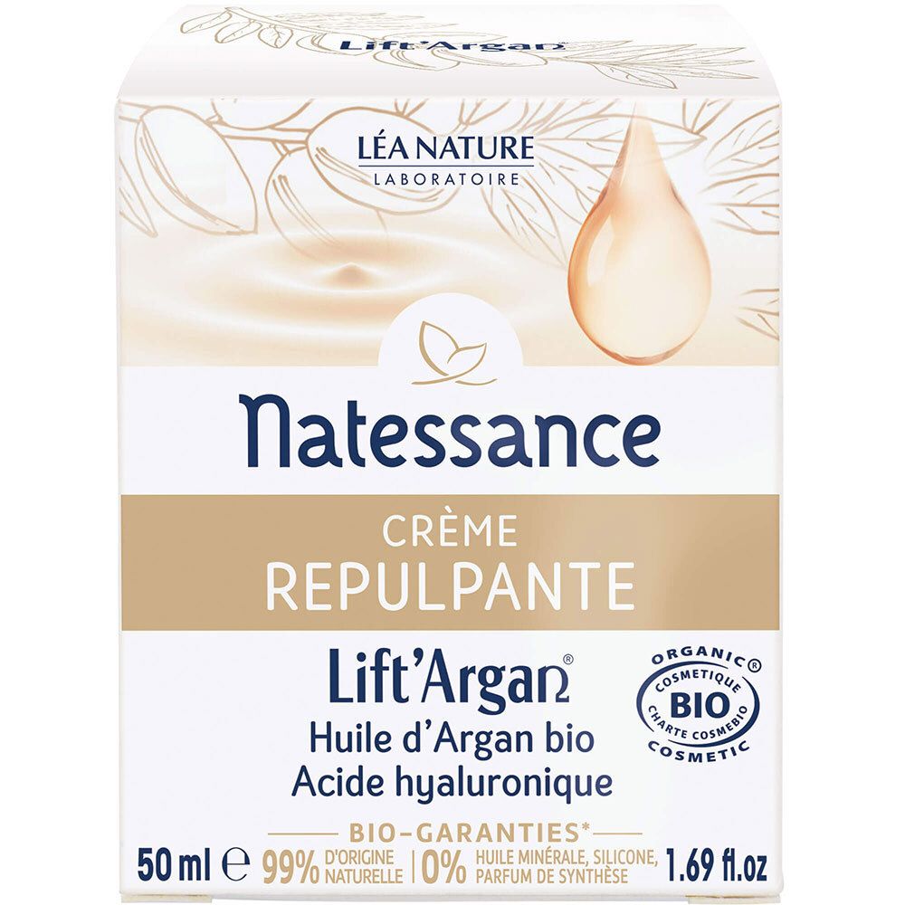 Verpakking met crème. Opschrift: Natessance, Crème Repulpante, Lift'Argan. Bio-certificering.