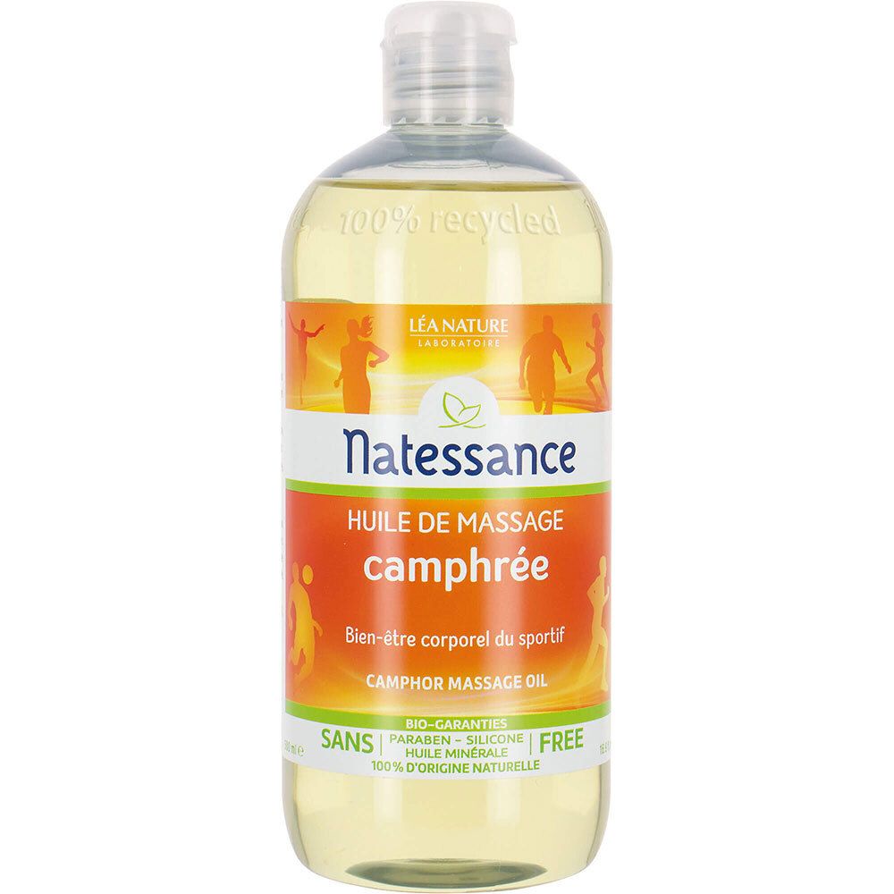 Transparante fles met gele vloeistof. Etiket: Natessance, Huile de massage camphrée. Zonder kleurstoffen, synthetische parfum.