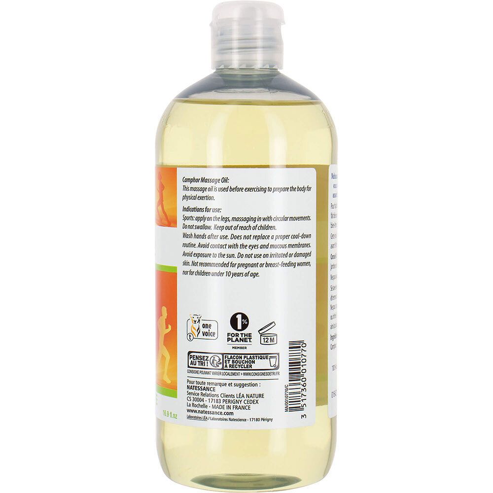 Achterkant van de fles. Tekst: Natessance, gebruiksaanwijzing. Fles met gelige vloeistof.