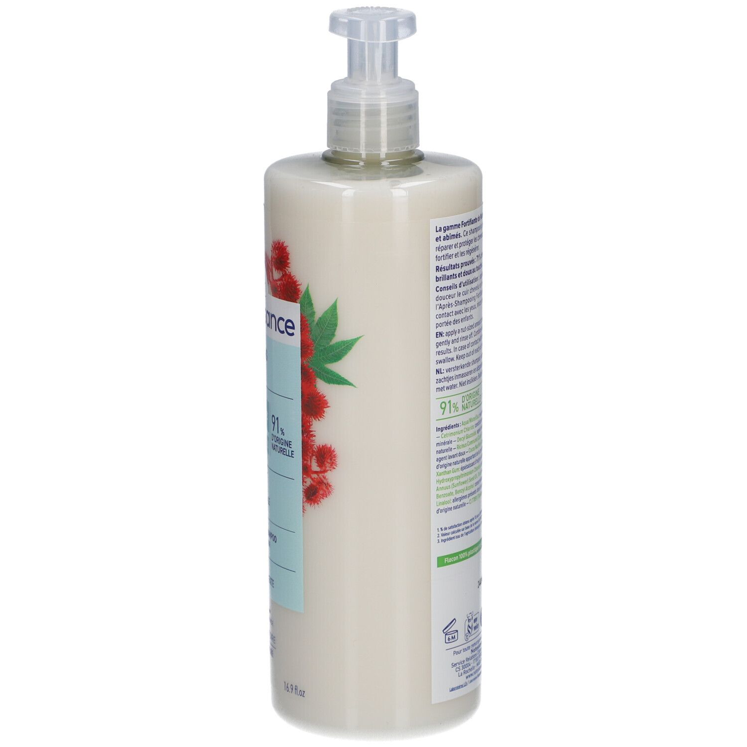Zijkant van de shampoo fles. Tekstinformatie over ingrediënten en gebruik. Logo: 91% natuurlijke ingrediënten.
