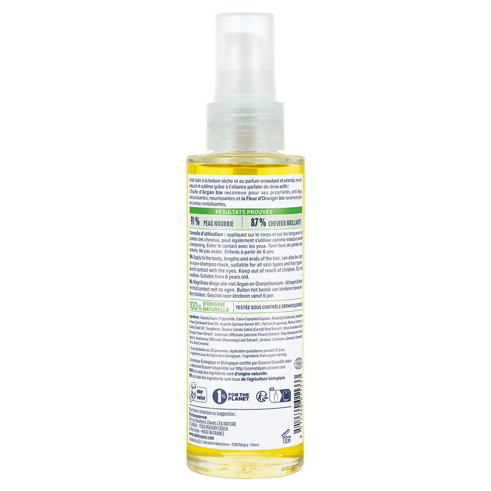 Achterkant fles. Tekst: gebruiksaanwijzing, ingrediënten, testresultaten. Certificeringen: 100% natuurlijk, bio-label, Made in France.