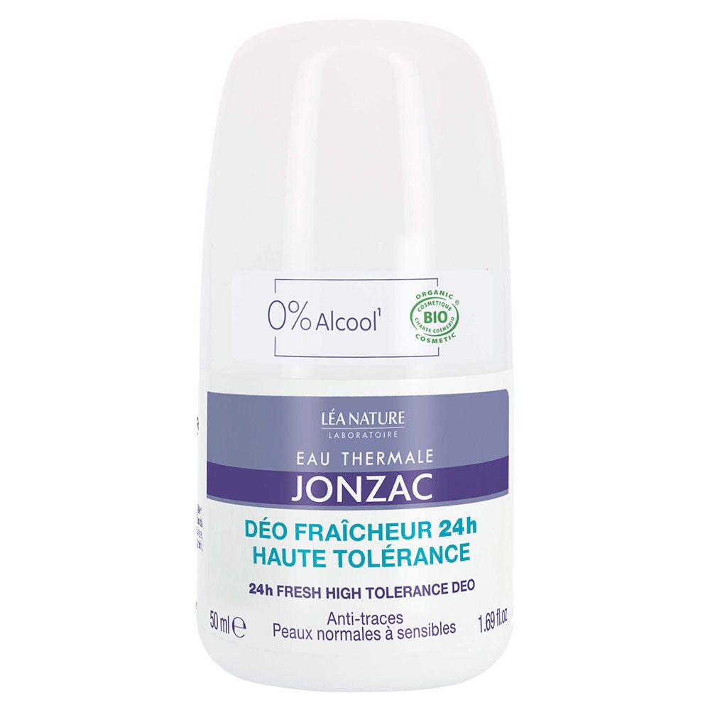 Witte roll-on deodorant van Eau Thermale Jonzac. Met "0% Alcool" en bio-label. Blauwe tekstvelden.