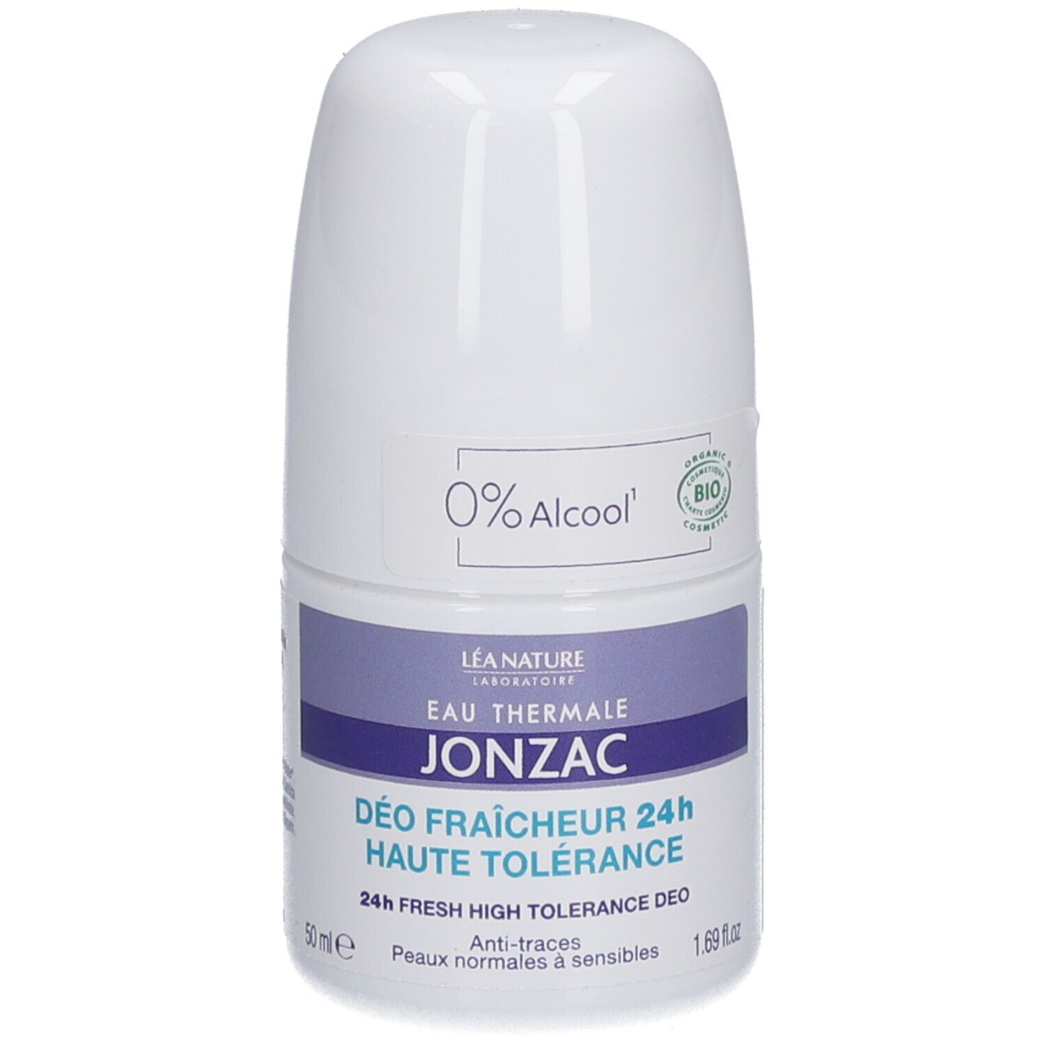 Witte roll-on deodorant van Eau Thermale Jonzac. Met "0% Alcool" en bio-label. Blauwe tekstvelden.