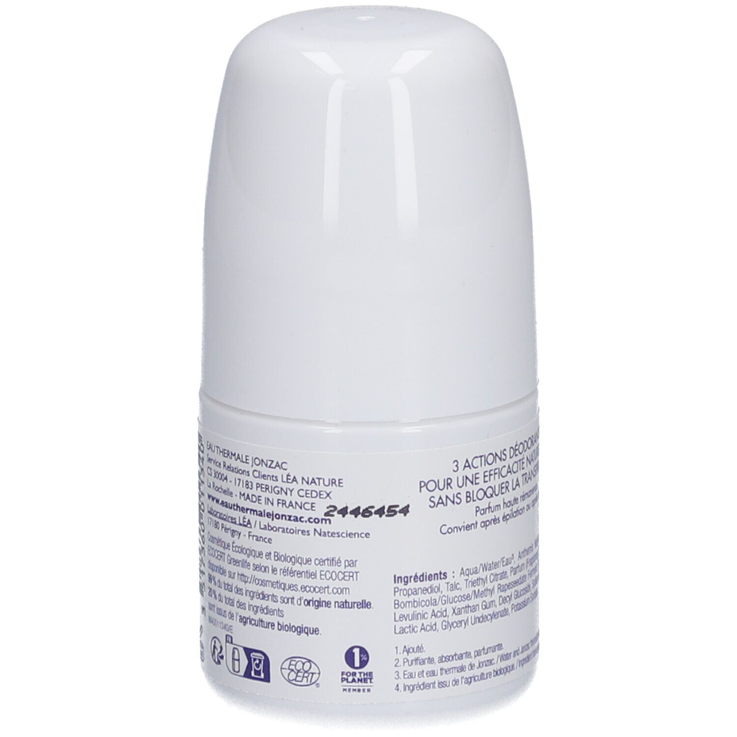 Achterkant van de witte roll-on deodorant. Tekst met fabrikantinfo en eco-certificering. Barcode.