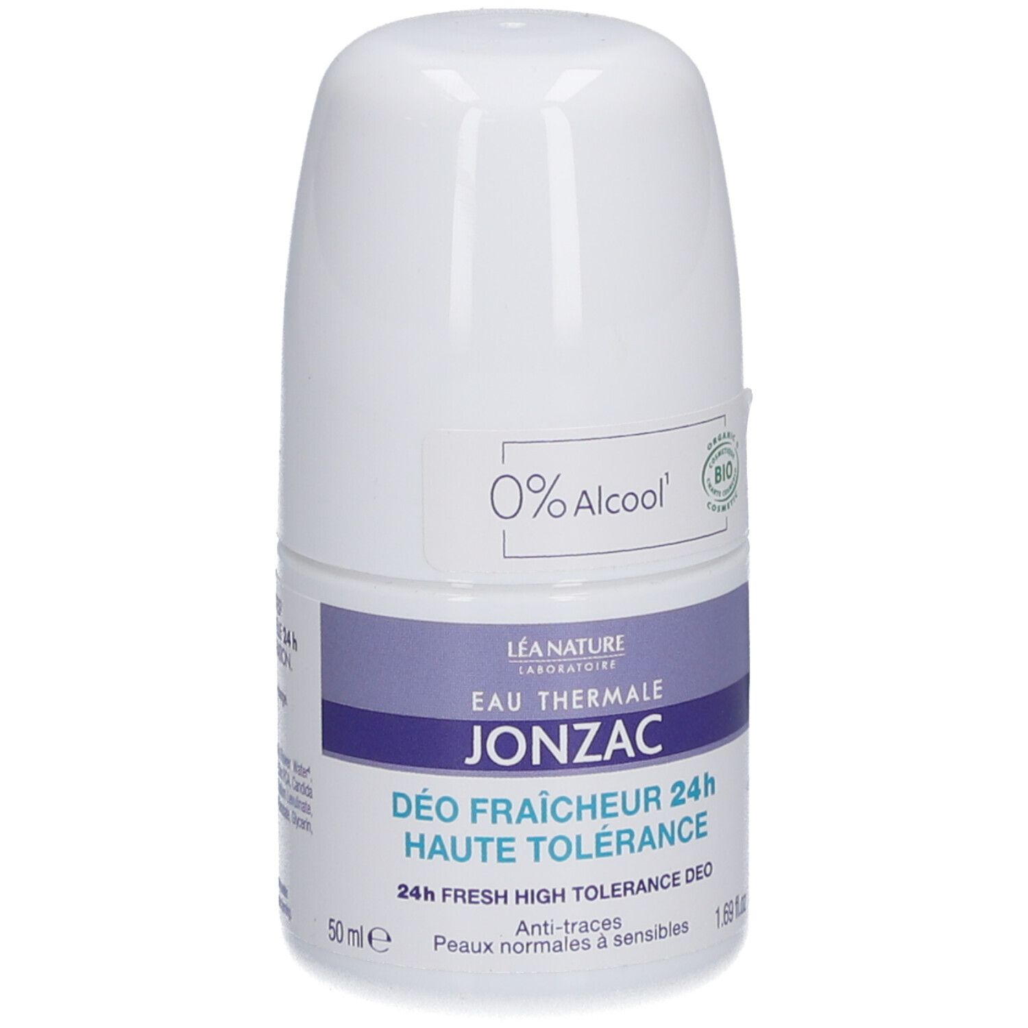 Witte roll-on deodorant van Eau Thermale Jonzac. Met "0% Alcool" en bio-label. Blauwe tekstvelden.