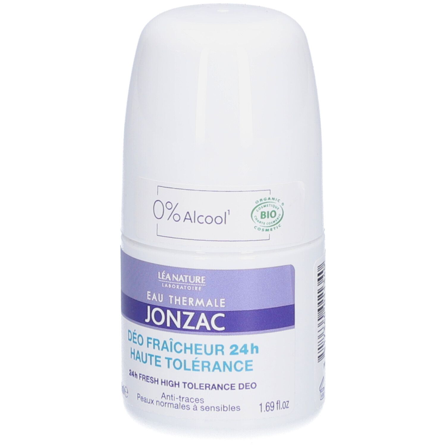 Witte roll-on deodorant van Eau Thermale Jonzac. Met "0% Alcool" en bio-label. Blauwe tekstvelden.