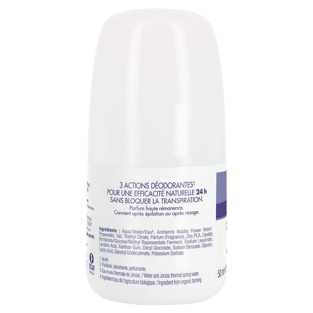 Achterkant van de witte roll-on deodorant. Tekst met ingrediënten en informatie. Blauwe tekstvelden.