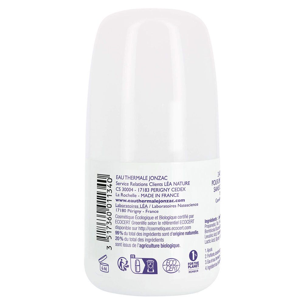 Achterkant van de witte roll-on deodorant. Tekst met fabrikantinfo en eco-certificering. Barcode.