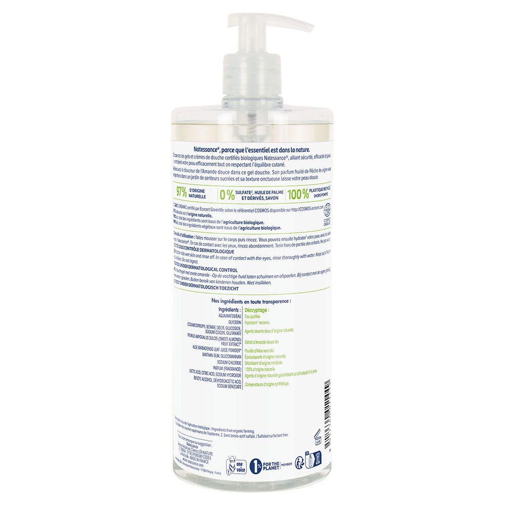 Achterkant van de transparante fles. Tekstinformatie, ingrediënten en recyclinginstructies. Bio-certificering en duurzaamheidsaanduidingen.