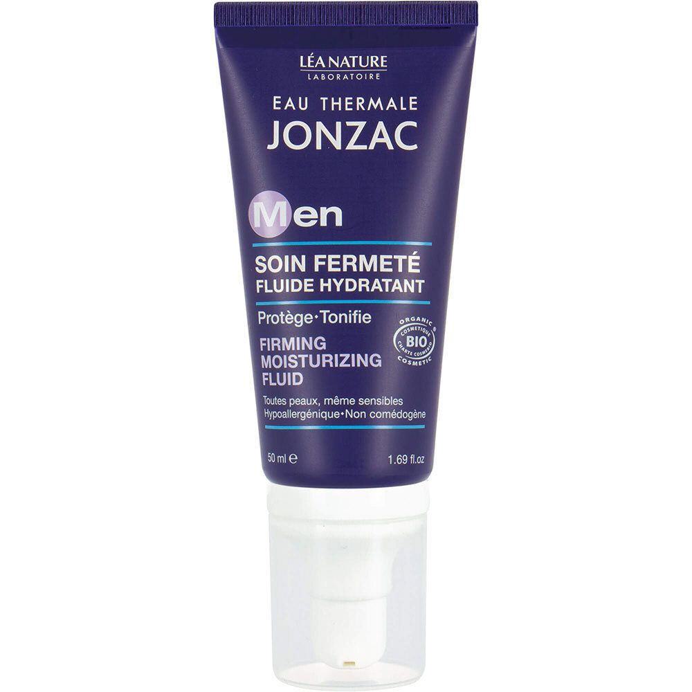 Tube bleue avec bouchon blanc. Inscription: Jonzac Men, Firming Moisturizing Fluid. Certification bio.