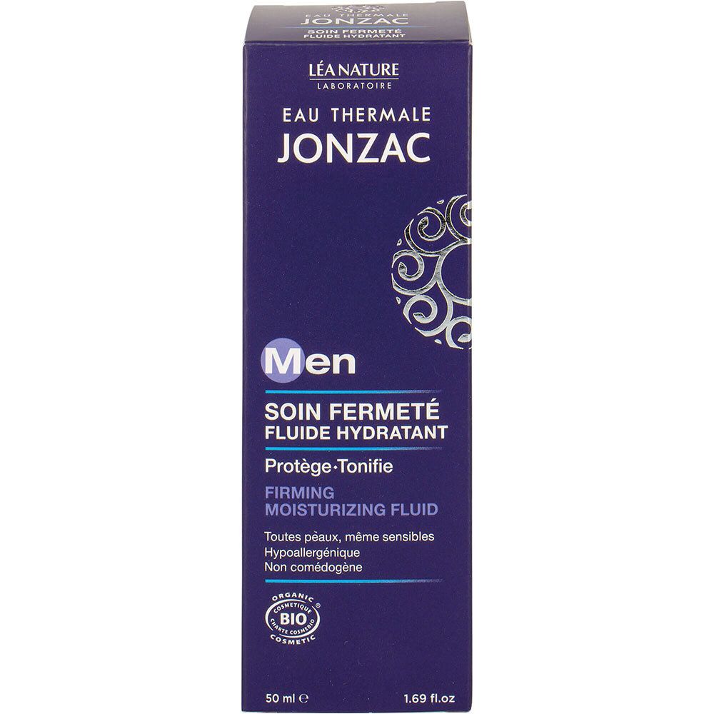 Emballage bleu avec motif blanc. Inscription: Jonzac Men, Firming Moisturizing Fluid. Certification bio.
