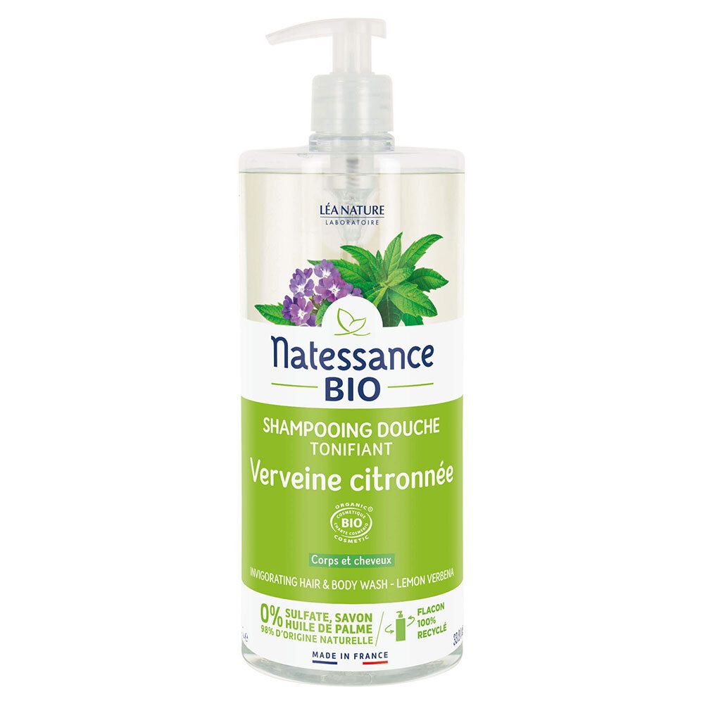Flacon de shampoing douche Natessance Bio Verveine citronnée. Étiquettes vertes et blanches, logo et texte.
