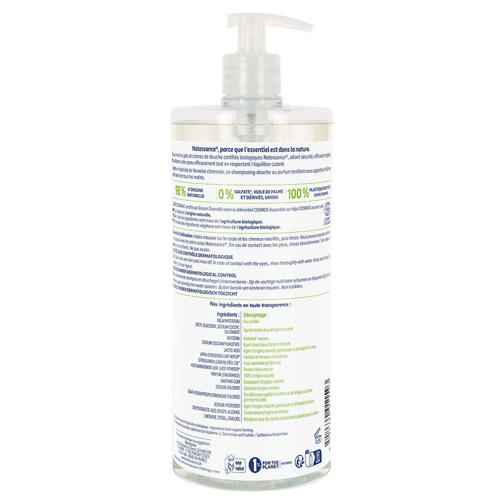 Dos du shampoing douche. Texte multilingue. Ingrédients, certifications et informations de recyclage.