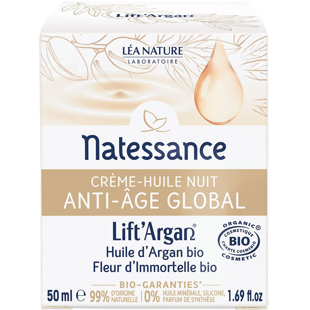 Verpakking met crème. Opschrift: Natessance, Crème-Huile Nuit Anti-Âge Global, Lift'Argan. Bio-certificering. Druppel-illustratie.
