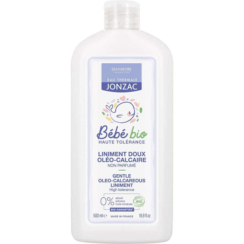 Witte fles met etiket. Jonzac Bébé Bio Oléo-Calcaire Liniment. Bevat bio-keurmerk. 500ml. Vooraanzicht.