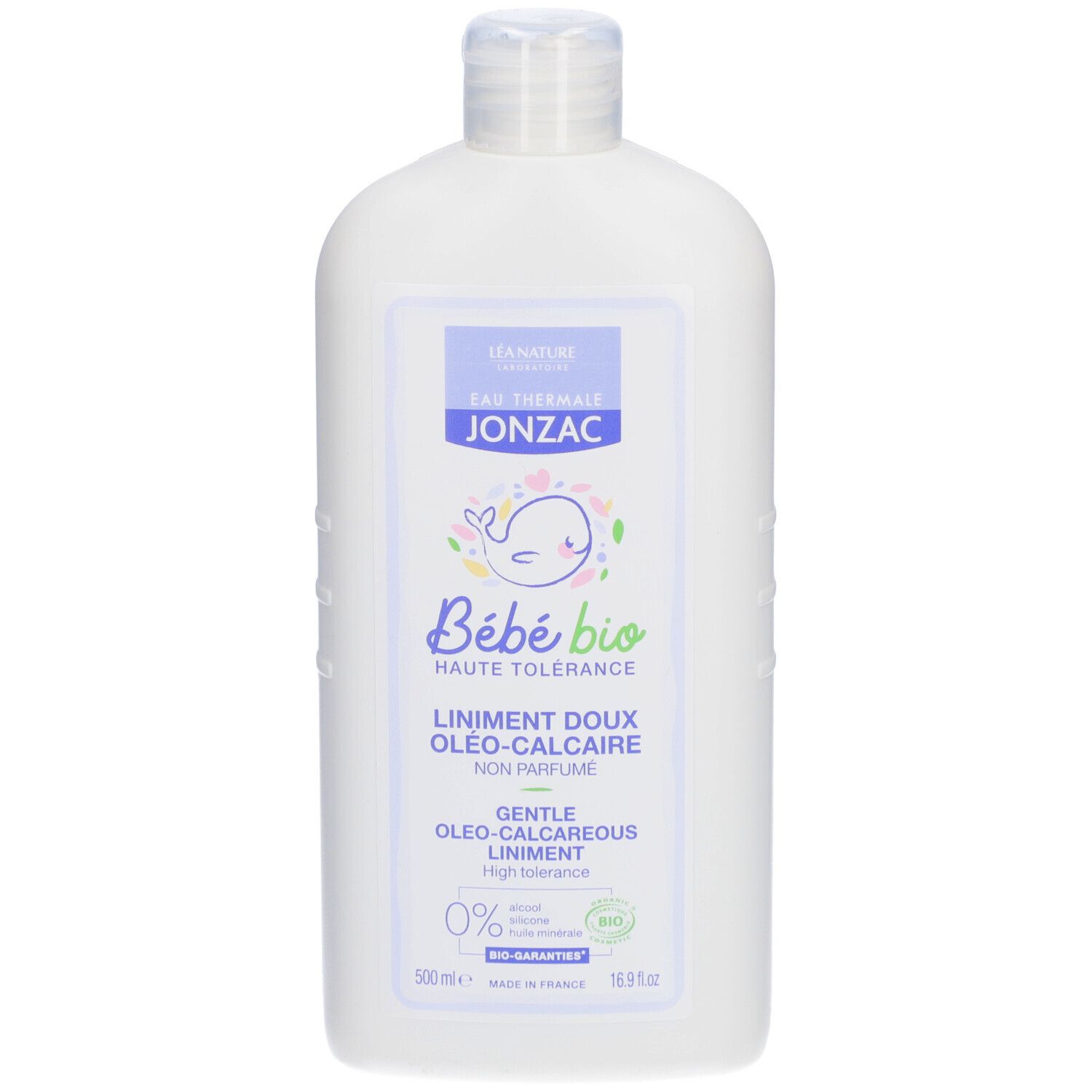 Witte fles met etiket. Jonzac Bébé Bio Oléo-Calcaire Liniment. Bevat bio-keurmerk. 500ml. Vooraanzicht.