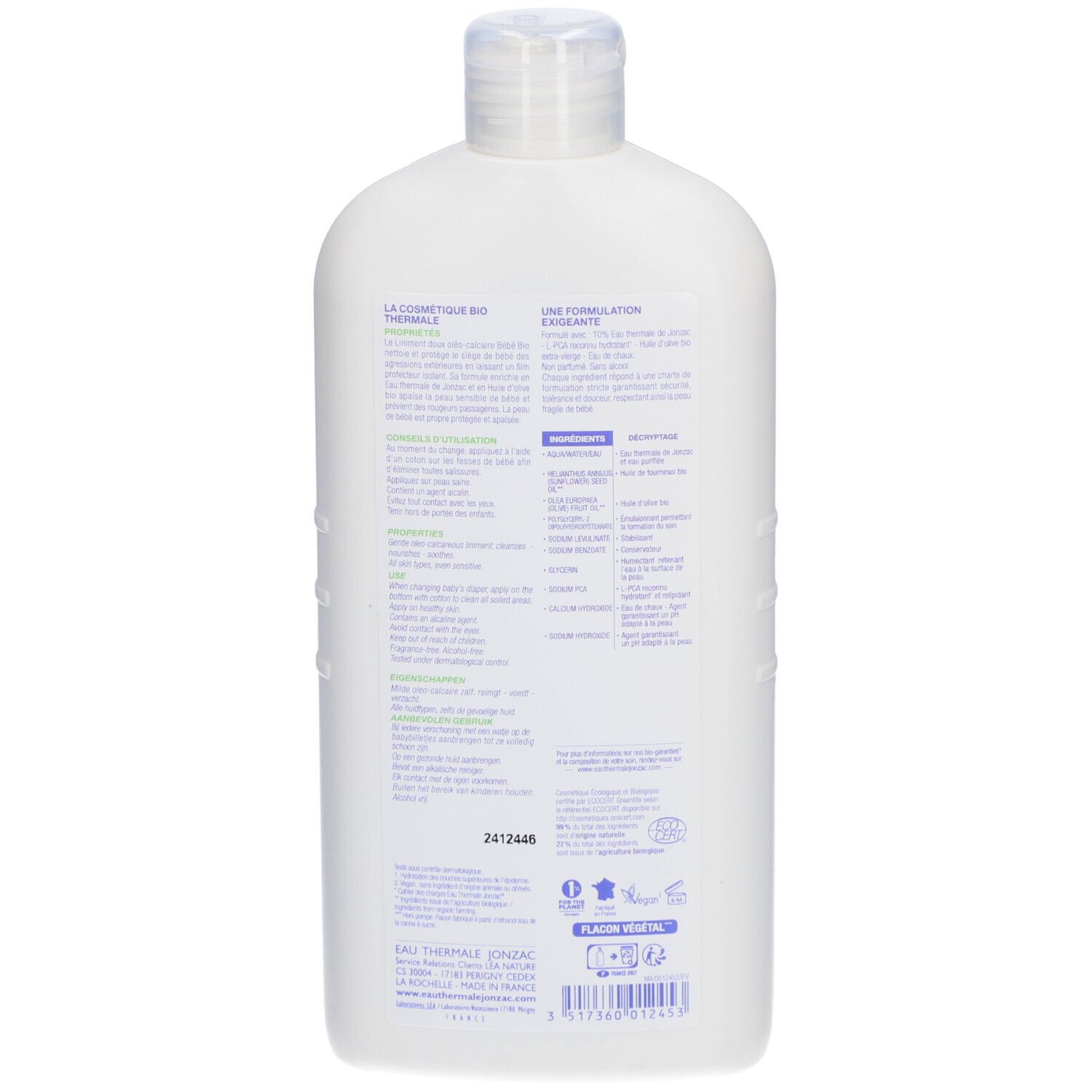 Achterkant van de witte fles. Tekst met ingrediënten en informatie. Bio-certificeringen. Gemaakt in Frankrijk.