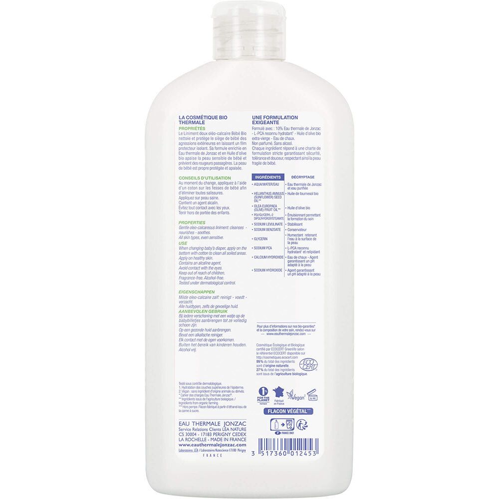 Achterkant van de witte fles. Tekst met ingrediënten en informatie. Bio-certificeringen. Gemaakt in Frankrijk.