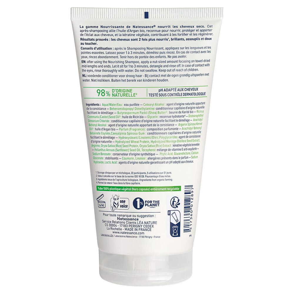 Dos d'un tube blanc. Texte multilingue. Inscription: 98% d'origine naturelle, pH adapté, ingrédients, et logos.