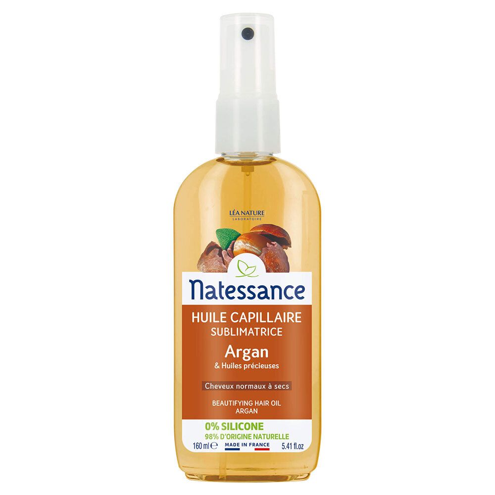 Flacon d'huile capillaire avec vaporisateur. Inscription : Natessance, Argan, huile capillaire. 0% silicone. 100 ml.