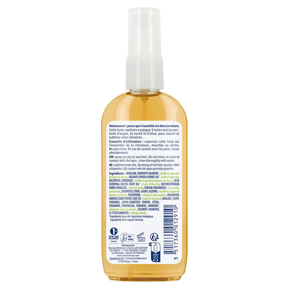 Dos du flacon d'huile capillaire. Texte multilingue. Ingrédients, mode d'emploi, informations fabricant.