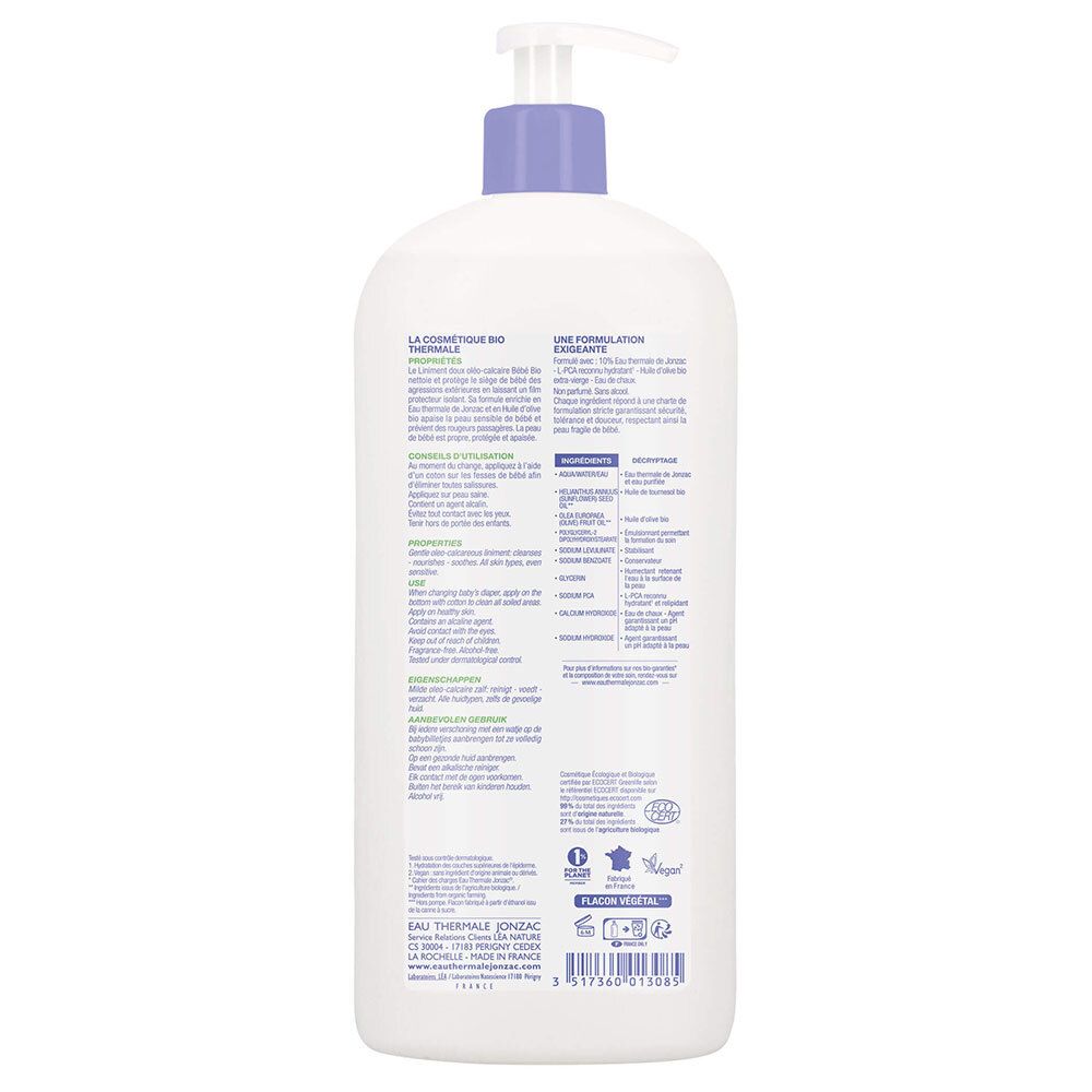 Achterkant van de witte fles. Tekst met ingrediënten en certificeringen.