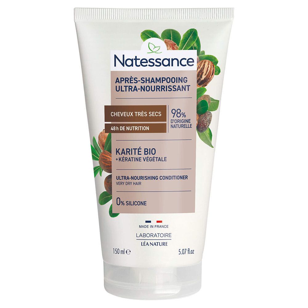 Tube blanc avec inscriptions. Natessance, Après-Shampooing Ultra-Nourrissant, Karité Bio + Kératine Végétale. 150 ml. 98% d'origine naturelle.