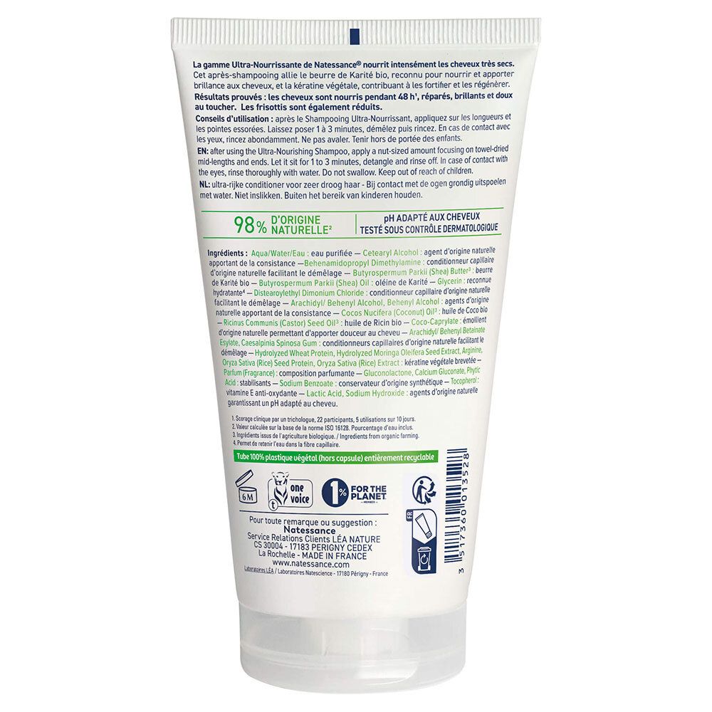 Dos d'un tube blanc. Texte: ingrédients, conseils d'utilisation, 98% ingrédients naturels, test pH adapté aux cheveux.