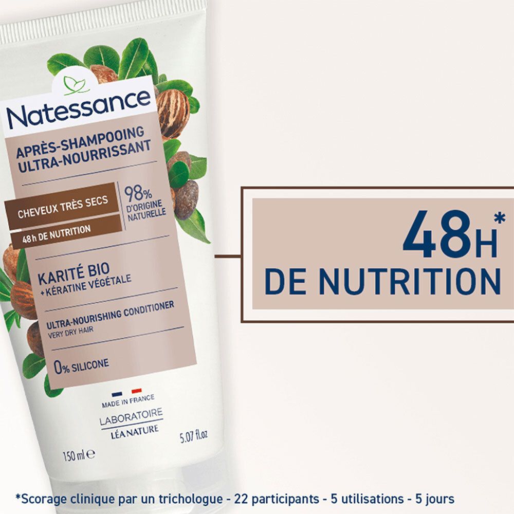 Detail van de tube met tekst: 48h de Nutrition. Tekst: Karité Bio + Kératine végétale. Tekst: 0% Silicone. Achtergrond: beige.