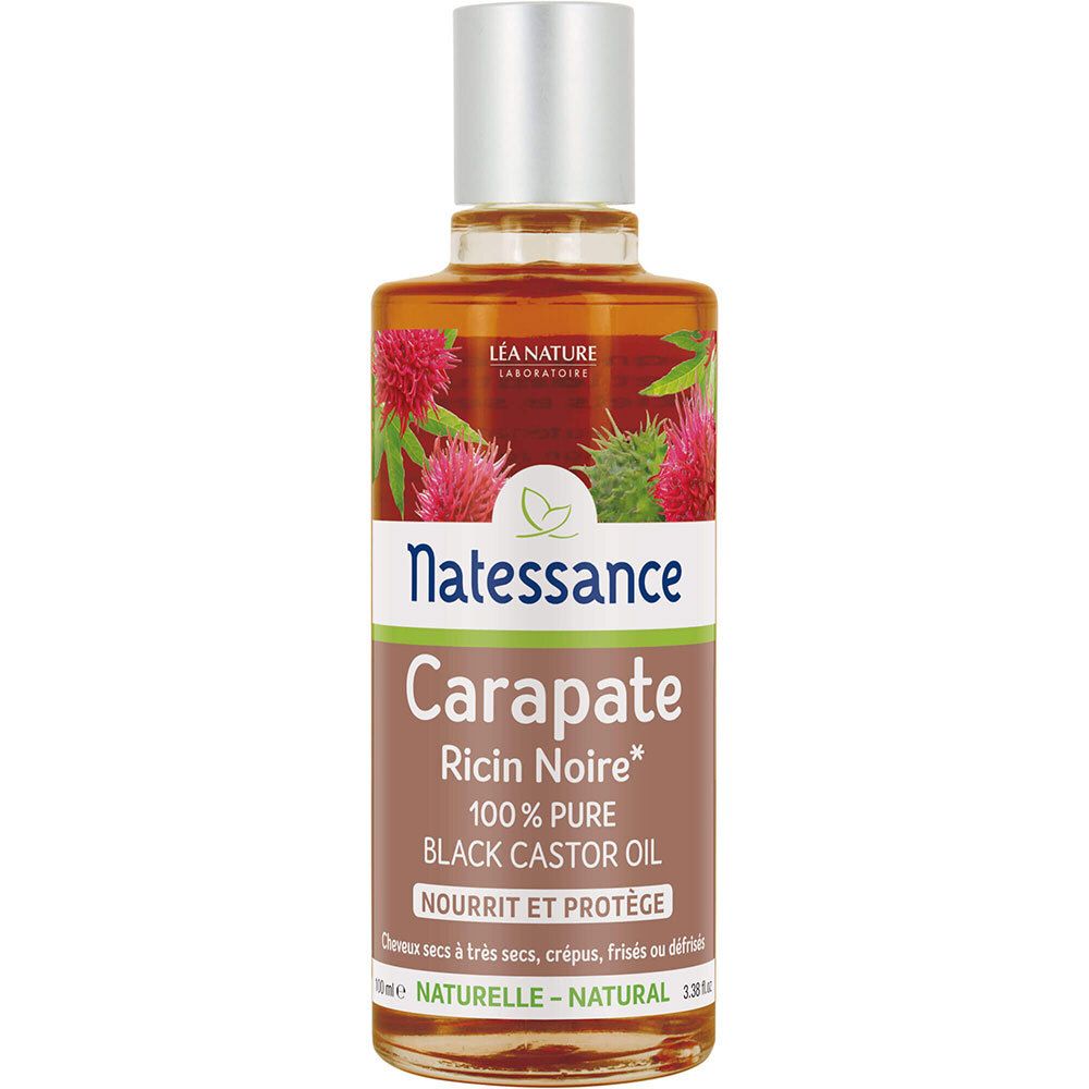 Natessance Carapate olie fles. Label met productnaam, ingrediënten en logo. Zilveren dop.