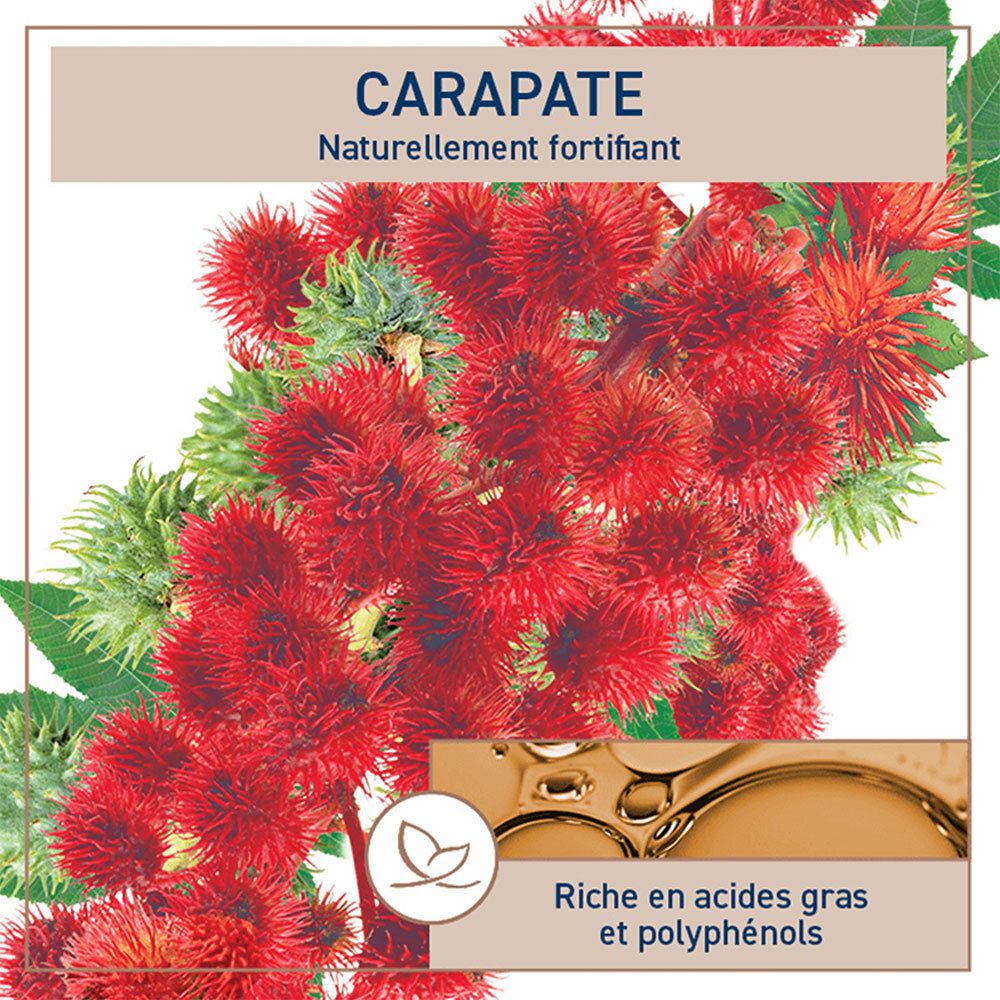 Close-up van rode vruchten en groene bladeren. Tekst Carapate, naturellement fortifiant, en tekst in het Frans.