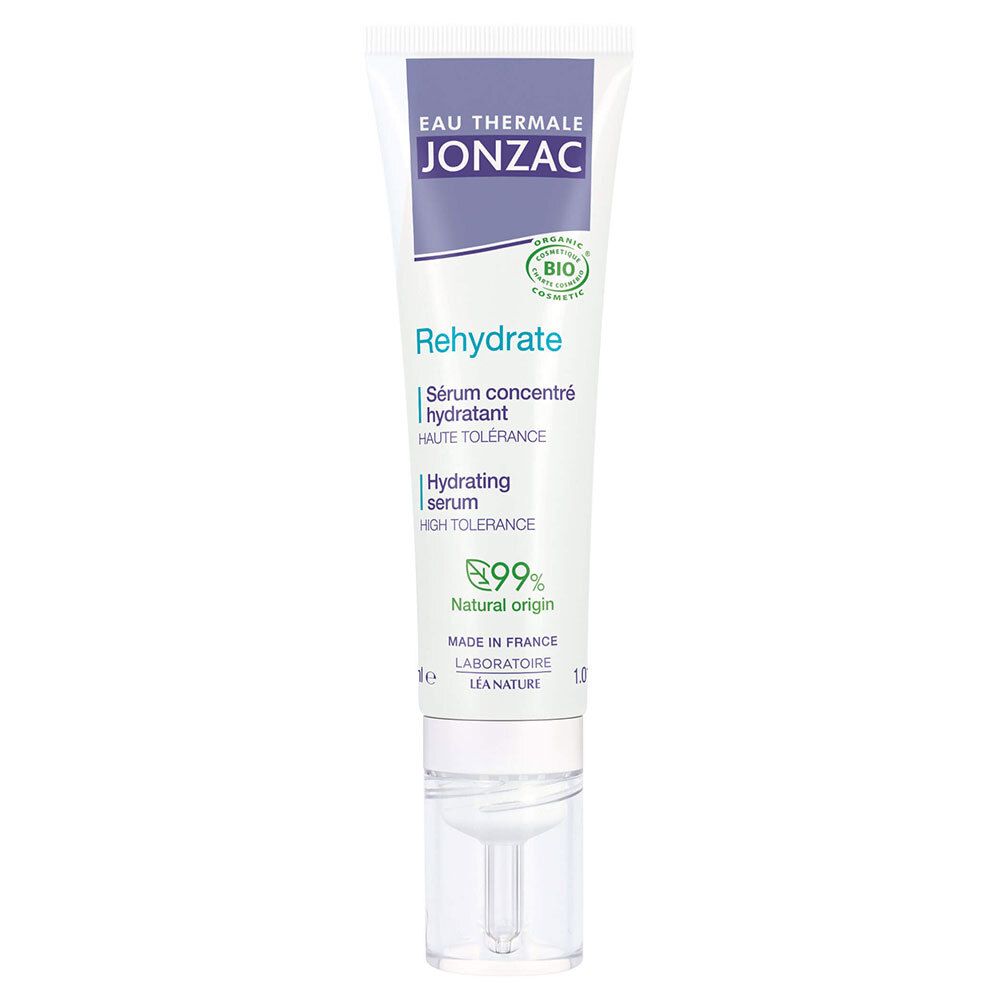 Witte en paarse tube met serum. Tekst: Jonzac, Rehydrate, Hydrating serum, 99% natuurlijke oorsprong. Met applicator.