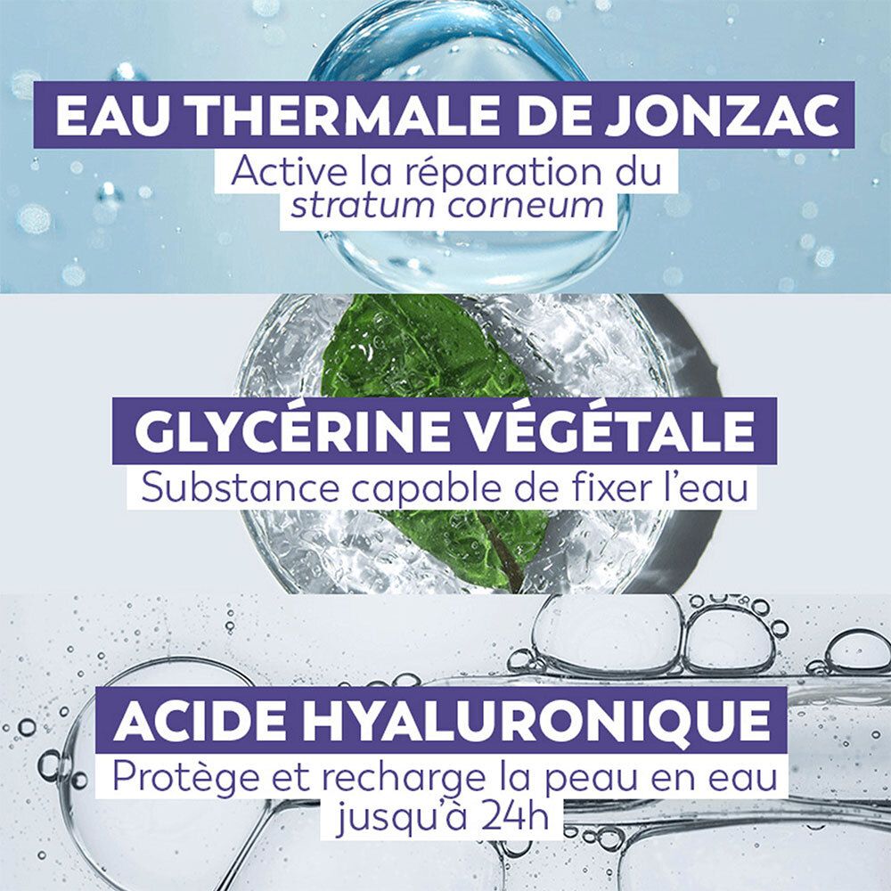 Grafiek met tekst: Eau Thermale de Jonzac, Glycerine, Hyaluronzuur. Beschrijft ingrediënten en hun effecten.
