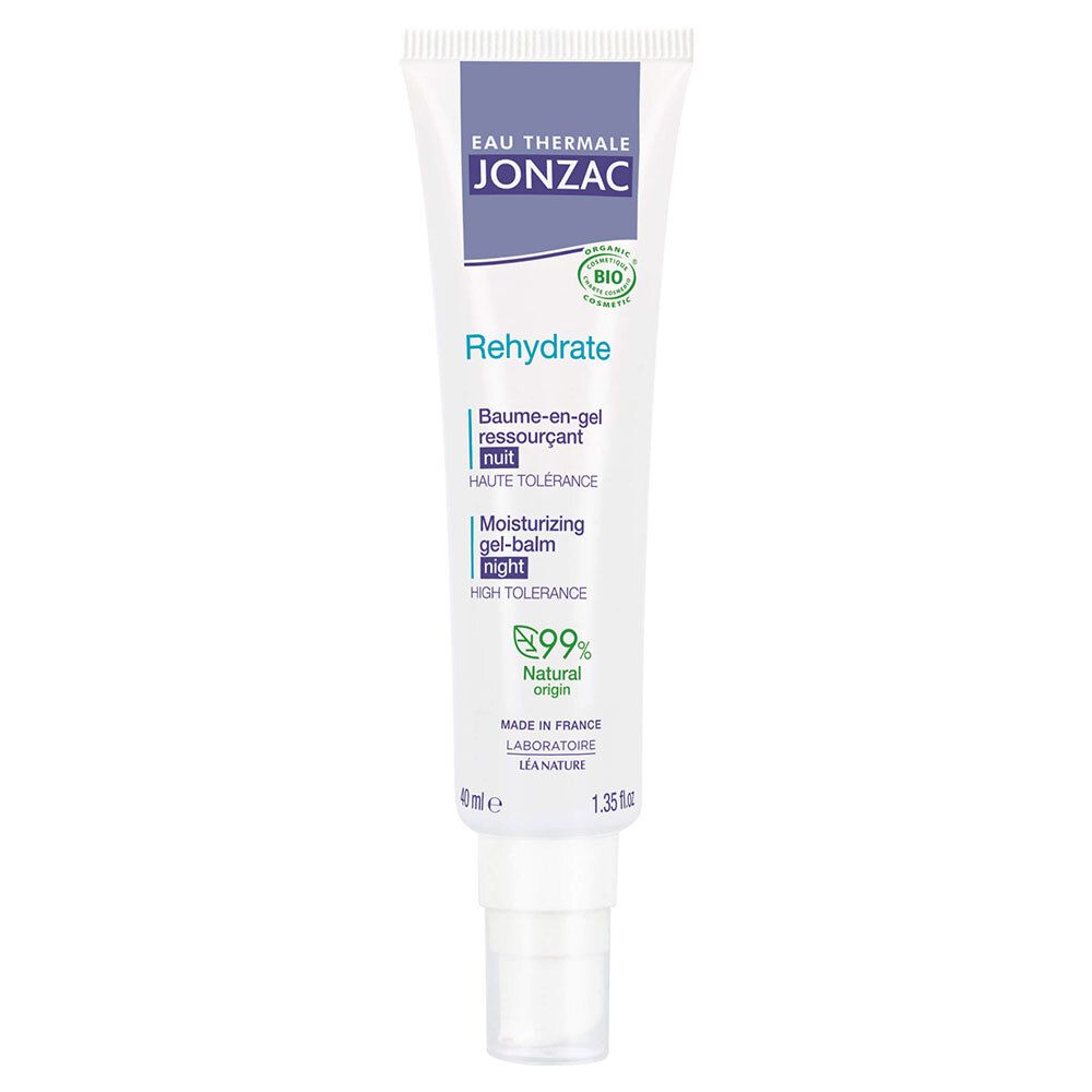 Witte tube met blauwe dop. Opschrift: Jonzac, Rehydrate, Baume-en-gel ressourçant nuit, Moisturizing gel-balm night. Bio-label.