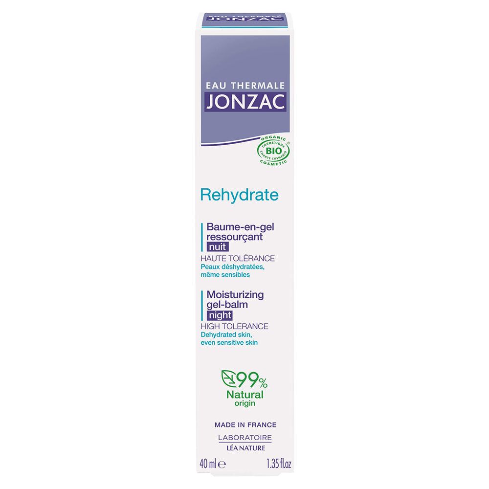 Doos met productinformatie. Opschrift: Jonzac, Rehydrate, Baume-en-gel ressourçant nuit, Moisturizing gel-balm night. Bio-label.