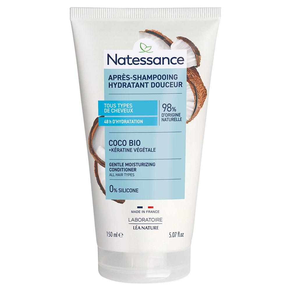 Witte tube met productopdruk. Opschrift: Natessance, Après-Shampooing, Coco Bio, Keratine Végétale. 0% Silicone. 150 ml.