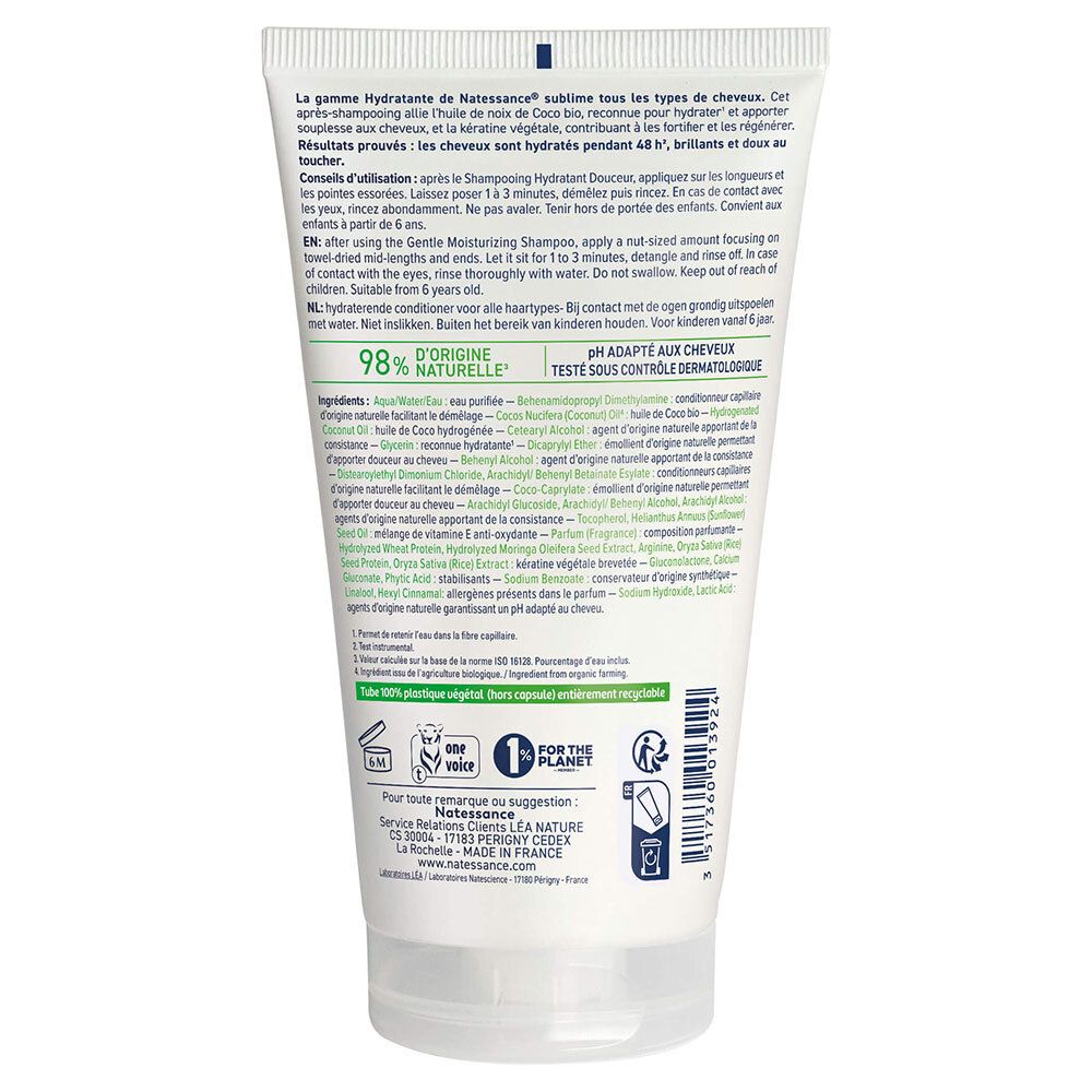 Achterkant van de tube. Franse tekst. Ingrediënten en instructies. 98% natuurlijke ingrediënten. pH dermatologisch getest.