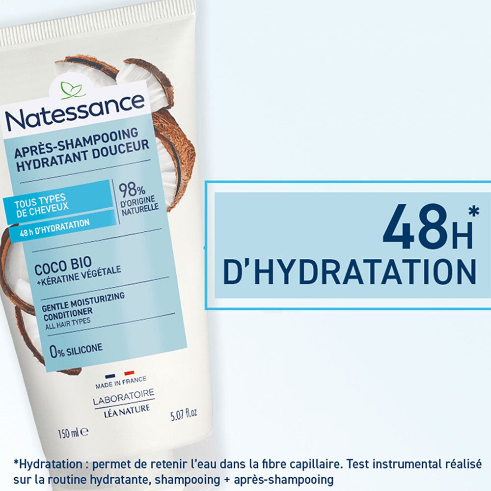 Detail van de tube. Tekst: 48h D'Hydratation. Natessance, Après-Shampooing, Coco Bio, Keratine Végétale. 150 ml.