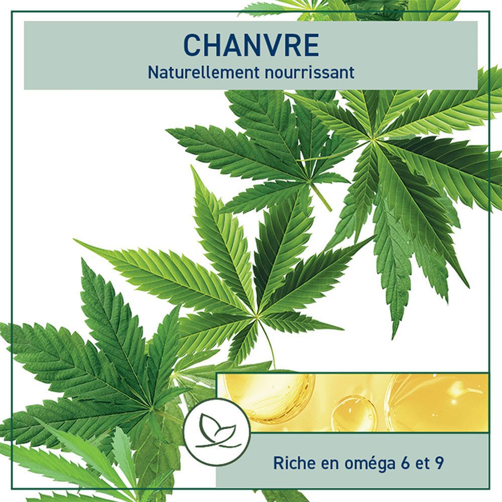 Hennebladeren en gele vloeistof. Opschrift: Chanvre, Naturellement nourrissant. Logo. Riches en oméga 6 et 9.
