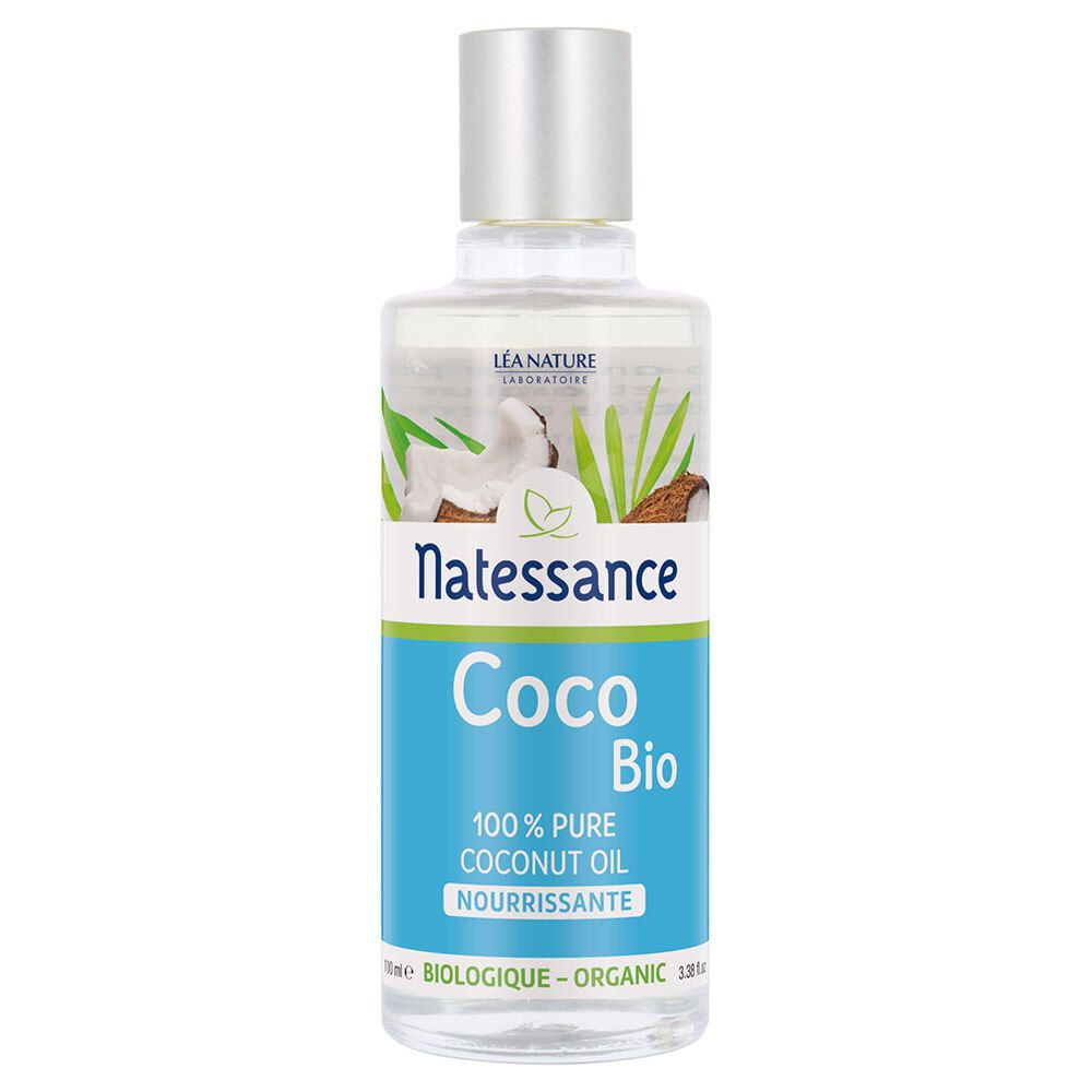 Flacon en verre transparent, bouchon argenté. Étiquette Natessance, Coco Bio, 100% huile de coco. Illustration noix de coco.