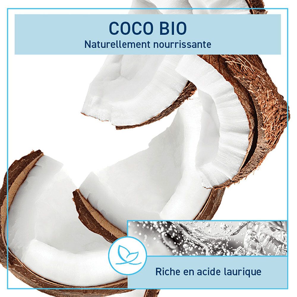 Fragment van kokosnootschil en water. Tekst: Coco Bio, naturellement nourrissante, riche en acide laurique.