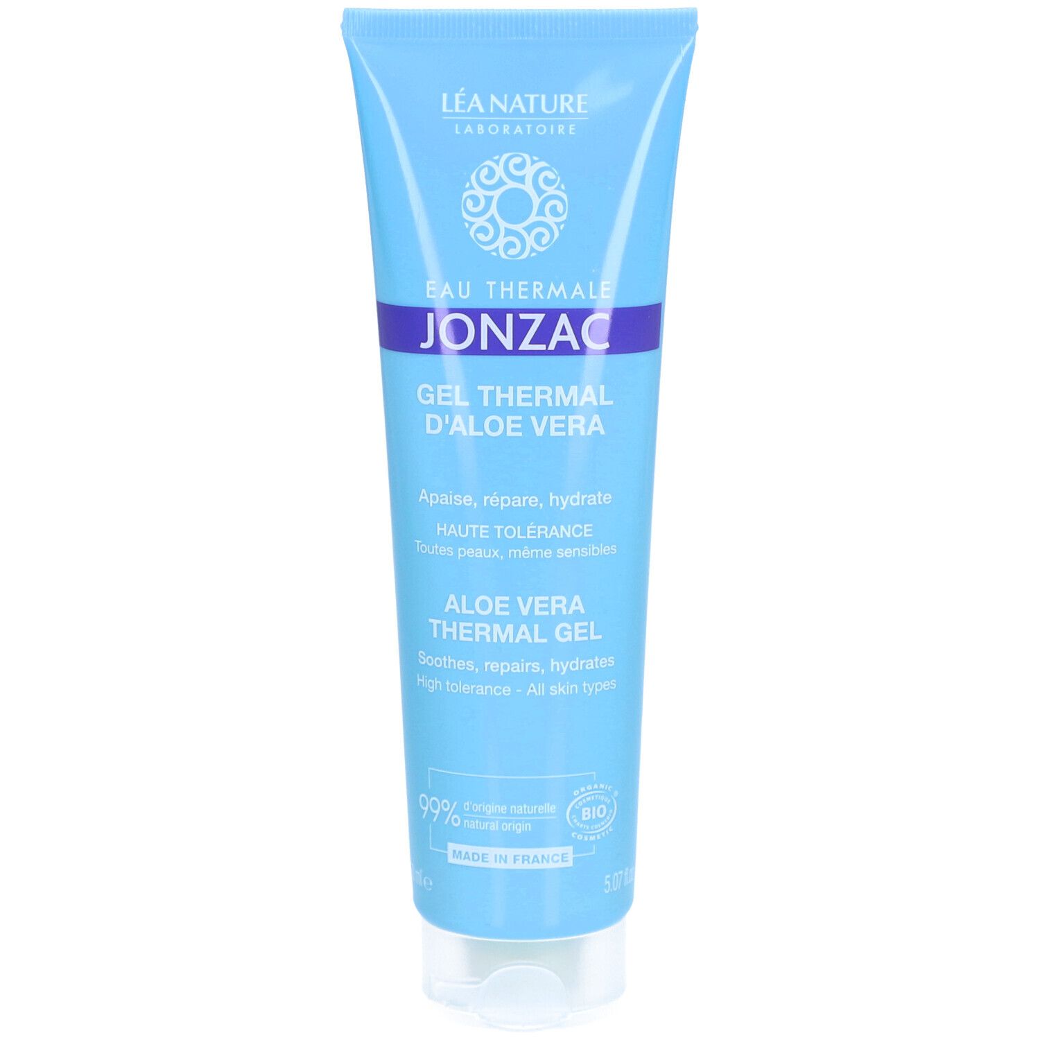 Lichtblauwe tube met tekst. "Eau Thermale Jonzac Gel Thermal d'Aloe Vera" zichtbaar. Bio-certificering.