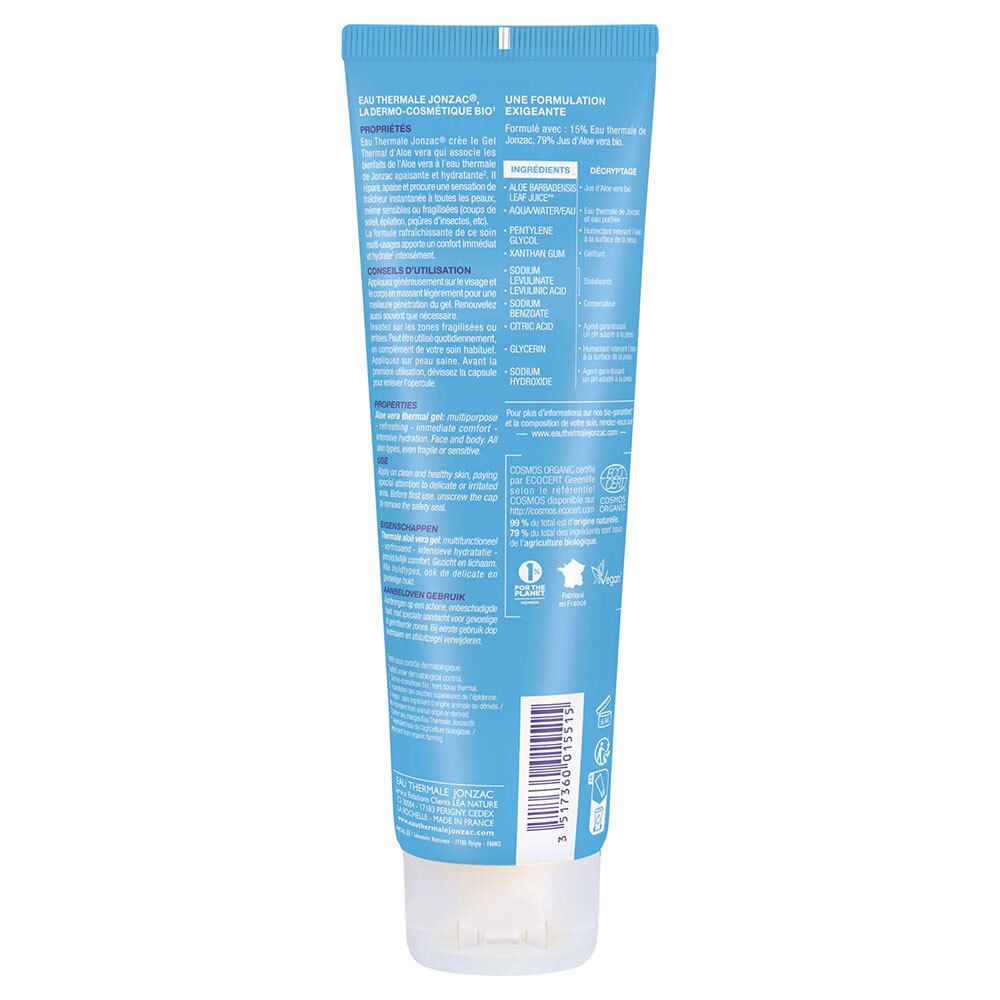 Achterkant van een lichtblauwe tube. Meertalige tekst. Ingrediëntenlijst en bio-certificering zichtbaar.