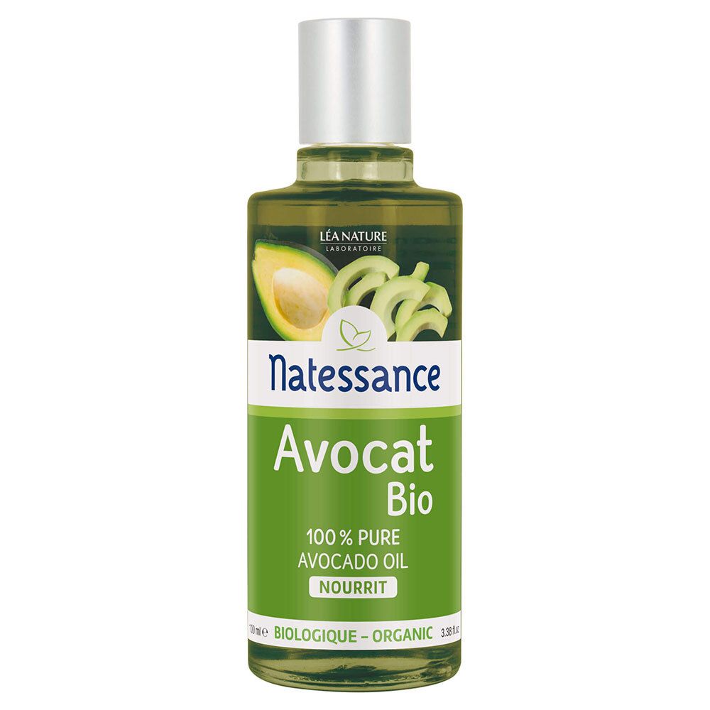 Flacon en verre vert avec bouchon argenté. Étiquette avec illustration d'avocat et texte : Avocat Bio, 100% pure Avocado Oil.